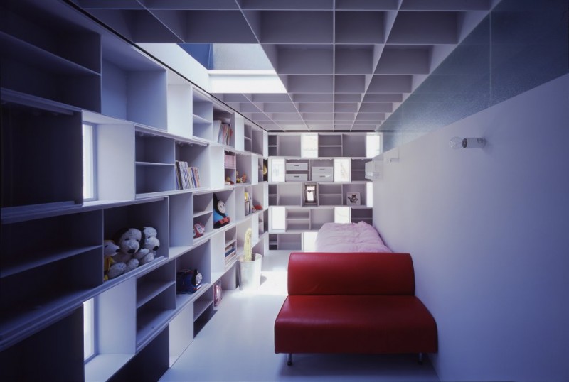 Narrow Bedroom The Small Narrow Bedroom Design Inside The Brick Cell House With Open Storage Mounted On The Wall Applied Also Red Single Bed Architecture  Unique Contemporary Home In Modern Cube Shape Architecture