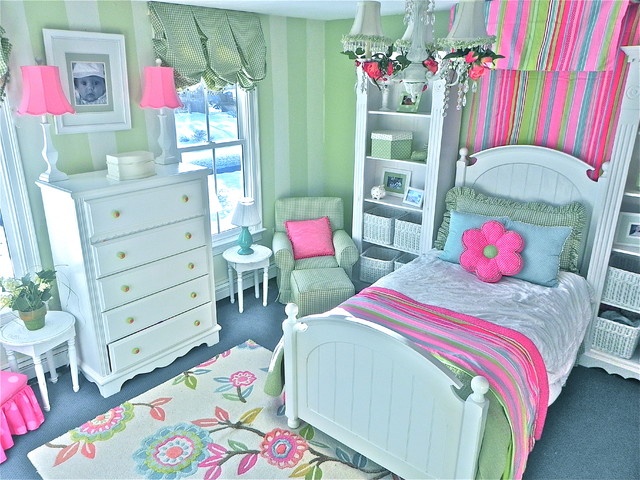 Traditional Bedroom Girls Small Traditional Bedroom Ideas For Girls With Striped Wallpaper And Reading Nook Decorated By Pink Furniture Accents And Floral Chandelier Bedroom Lovely Bedroom Ideas For Girls With Fun And Colorful Furniture