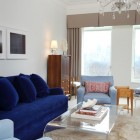 Living Room Exquisite Spacious Living Room Furnished With Exquisite Modern Blue Sofas Set Equipped With Glass Panel For Spectacular Outdoor View And Chandelier Furniture 30 Lovely And Elegant Blue Sofas Collection To Beautify Your Living Room