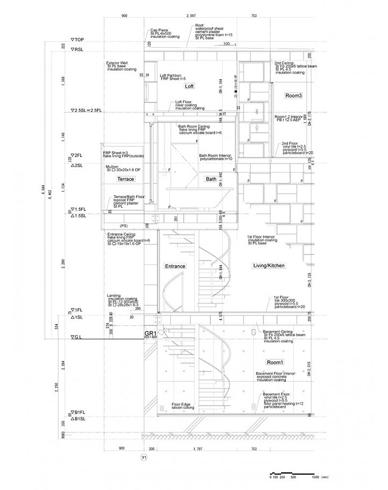 House Section Brick Stunning House Section Plan Of Brick Cell House With Scale And Details Information Four Levels Floor With Spiral Staircase Connect Each Floor Architecture Unique Contemporary Home In Modern Cube Shape Architecture