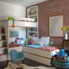 Kids Bunk White Wonderful Kids Bunk Bedroom With White Shelves Brick Wall Fluffy Bed Blue Chair And Animal Skin Rug Kids Room 21 Cool Modern Kids Room With Colorful Furniture Touches (+21 New Images)