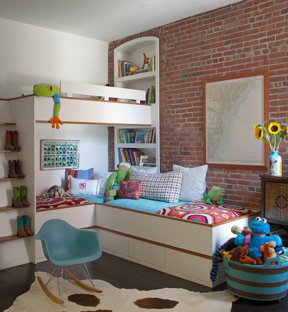 Kids Bunk White Wonderful Kids Bunk Bedroom With White Shelves Brick Wall Fluffy Bed Blue Chair And Animal Skin Rug  21 Cool Modern Kids Room With Colorful Furniture Touches