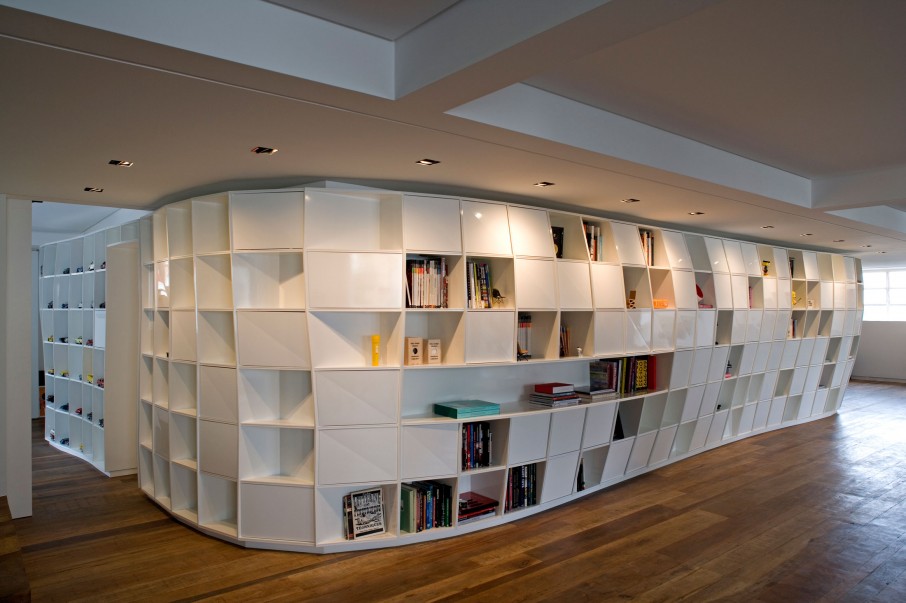 Sleek White Floor Wonderful Sleek White Bookcase In Floor To Ceiling Design Featured With Accent Ceiling Lamps Above For Alluring Presentation Architecture Fascinating Modern-Industrial Apartment With Beautiful Sophisticated Accent