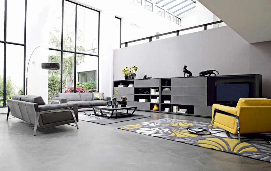 Roche Bobois The Awesome Roche Bobois Carpet In The Living Room With Yellow Sofa Grey Sofas Grey Shelves And Concrete Floor Dream Homes  Stunning And Elegant Living Room With Futuristic Modern Furniture