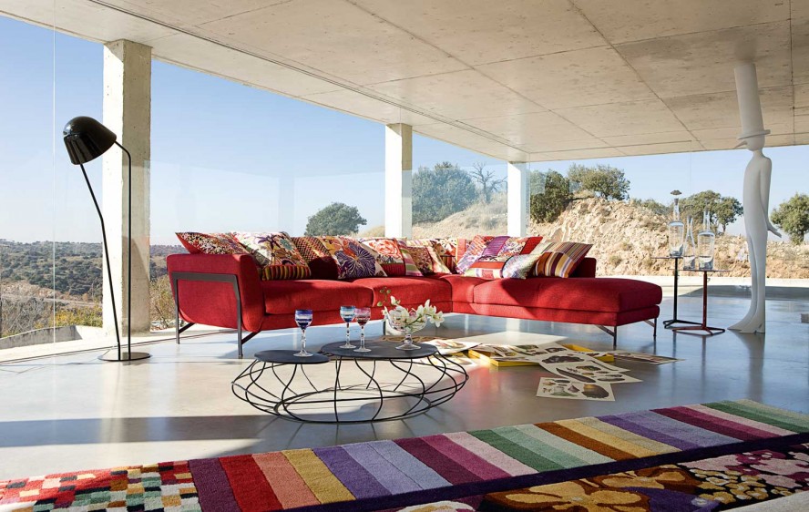 Living Room Shaped Cozy Living Room With L Shaped Red Sofa Many Roche Bobois Cushions Unusual Table And Colorful Carpet Dream Homes  Stunning And Elegant Living Room With Futuristic Modern Furniture