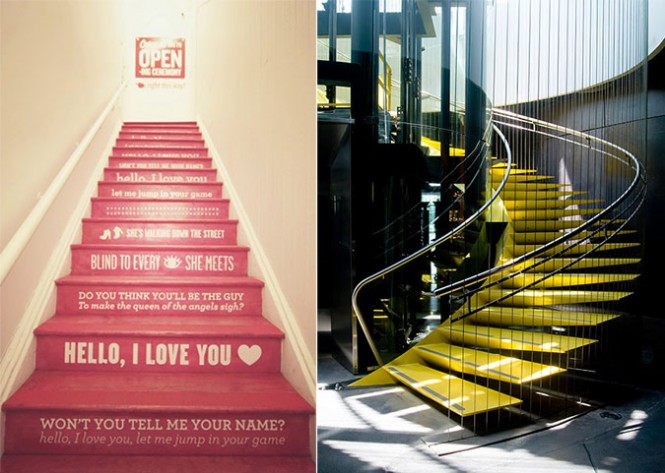 Red Staircase Morrison Exciting Red Staircase With Jim Morrison Lyric And Yellow Spiral Modern Design Staircase Decoration Visualize Staircase Designs For Classy Center Of Awesome Interiors