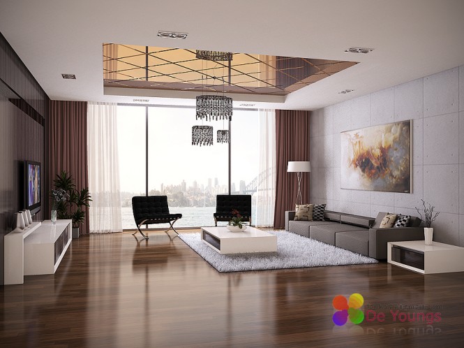 Living Room Ceiling Lavish Living Room With Reflective Ceiling And Modern Stylish Furniture With Art Work Also Cool Wall Design Interior Design Sophisticated And Colorful Living Rooms For Cozy And Exquisite Interiors