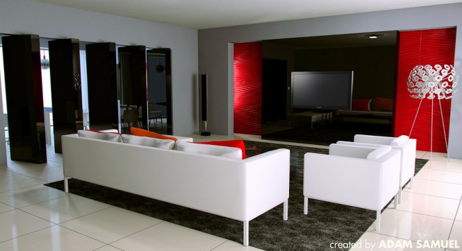 Living Room Sleek Modern Living Room Decor With Sleek Black And Red Backdrop For TV With Black Turnstile Also Modern Stylish Furniture Interior Design Sophisticated And Colorful Living Rooms For Cozy And Exquisite Interiors