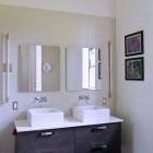 Modern Floating Double Simple Modern Floating Vanity With Double Rectangular White Sinks And Wall Mirrors Above Decorated With Artworks On Wall Architecture Elegant And Beautiful House Design In Contemporary Interior And Exterior