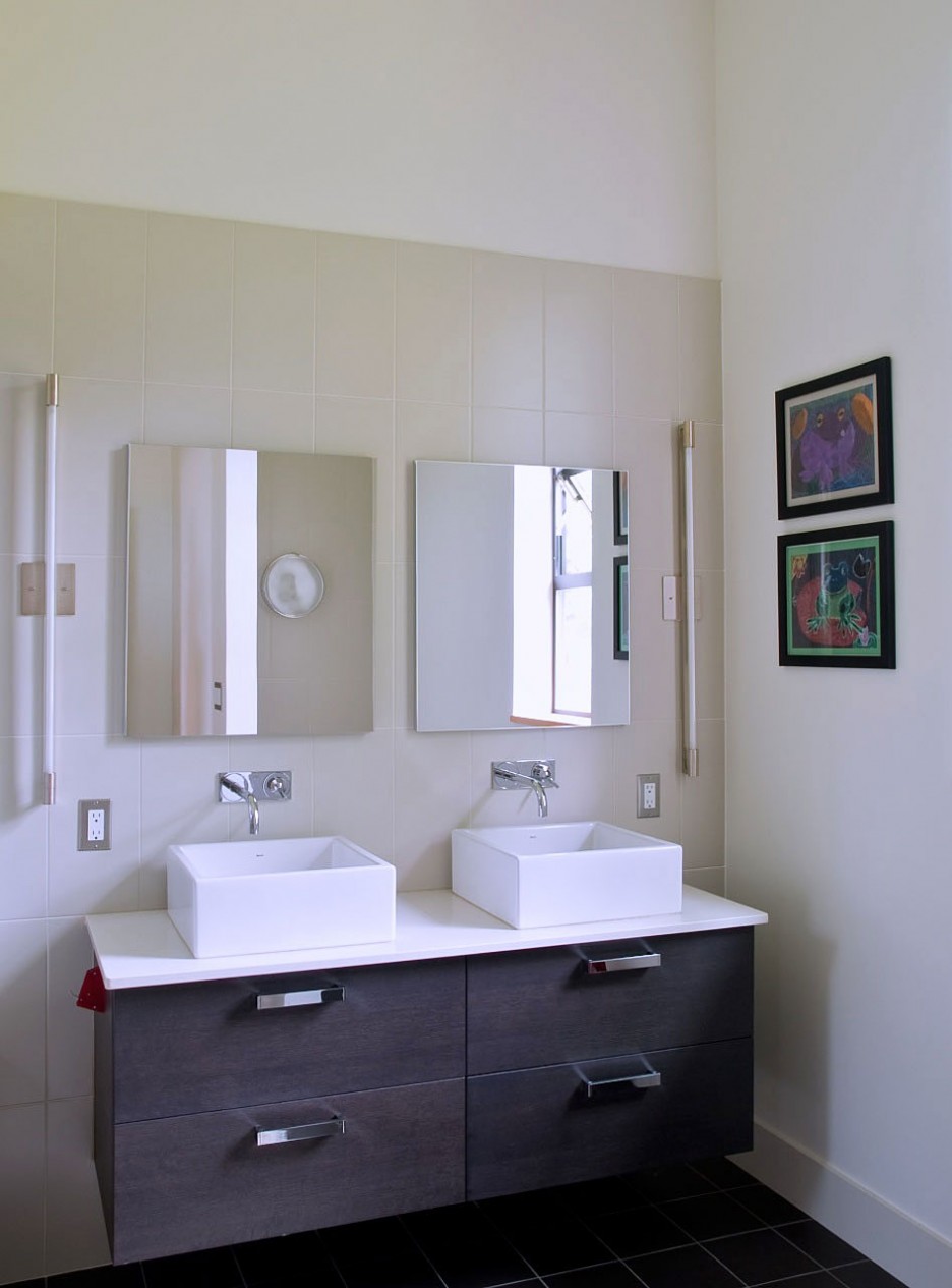 Modern Floating Double Simple Modern Floating Vanity With Double Rectangular White Sinks And Wall Mirrors Above Decorated With Artworks On Wall Architecture Elegant And Beautiful House Design In Contemporary Interior And Exterior