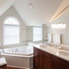 Bathroom With Designs Classic Bathroom With Corner Bathtub Designs Arched Glass Window Soft Hidden Light Wood Bathroom Vanity Venetian Blind Bathroom Functional And Exquisite Corner Bathtub For A Bathroom Interior Decorations