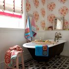 Bathroom Interior By Eclectic Bathroom Interior Design Ideas By Colorful Wallpaper Mixed With Star Patterned Tiles In Bathroom Flooring Bathroom Fresh And Various Bathroom Interior Designs With Varieties Of Niceness