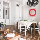 Catching Black On Eye Catching Black Chandelier Installed On Ceiling Above A Set Of Dining Room Table And Chairs With Ivory Sheet Apartments Stylish Extraordinary Home With Vintage Interior Design And White Walls