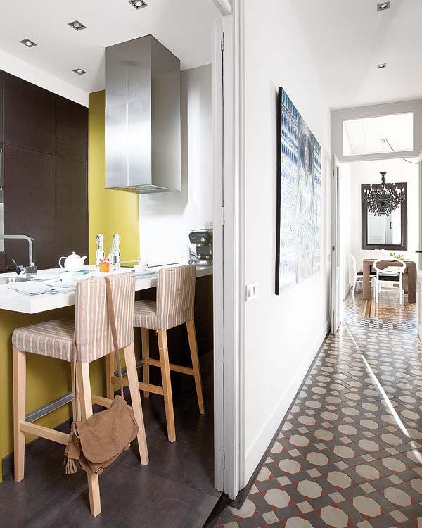 Yellow And Painted Fresh Yellow And Brown Touch Painted To Maximize Refurbished Flat In Barcelona Kitchen Completed With Striped Stools Apartments Stylish Extraordinary Home With Vintage Interior Design And White Walls