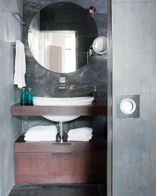 Grey Themed In Tiny Grey Themed Refurbished Flat In Barcelona Powder Room Interior Involving Marble Backsplash With Round Mirror Decoration Stylish Extraordinary Home With Vintage Interior Design And White Walls