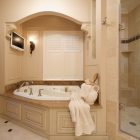 Bathroom With Corner Vintage Bathroom With Classic White Corner Bathtub Designs And Soft Wall Light Sophisticated TV Sleek Marble Floor Glass Shower Cabin Bathroom Functional And Exquisite Corner Bathtub For A Bathroom Interior Decorations