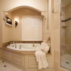 Bathroom With Corner Vintage Bathroom With Classic White Corner Bathtub Designs And Soft Wall Light Sophisticated TV Sleek Marble Floor Glass Shower Cabin Bathroom Functional And Exquisite Corner Bathtub For A Bathroom Interior Decorations (+12 New Images)