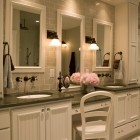 Bathroom Vanities Dark Classic Bathroom Vanities Lowes With Dark Marble Countertop Shiny Wall Lights Rectangular Mirrors White Chair Lovely Fake Flower Bathroom Stunning Bathroom Vanities Lowes Applied For Your Powder Room
