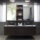 Bathroom Vanities Minimalist Cool Bathroom Vanities Lowes In Minimalist Style Dark Floor Tile Shiny Ceiling Lights Compact Mirrored Cabinet Bathroom Stunning Bathroom Vanities Lowes Applied For Your Powder Room