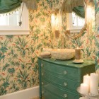Bathroom Vanities Precious Eclectic Bathroom Vanities Lowes With Precious Floral Print Wallpaper Antique Wall Lights Old Circular Mirror Glamorous Silky Curtain Bathroom Stunning Bathroom Vanities Lowes Applied For Your Powder Room
