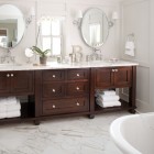 Wood Bathroom With Traditional Wood Bathroom Vanities Lowes With Marble Countertop French Window Sleek Marble Floor Pretty Flower Circular Mirrors Bathroom Stunning Bathroom Vanities Lowes Applied For Your Powder Room