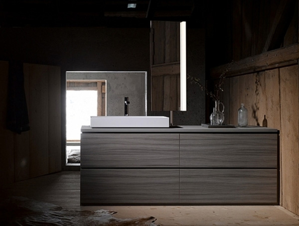 Wooden Bathroom With Traditional Wooden Bathroom Interior Featured With Sleek Grey Colored Vanity Counter With Captivating Porcelain Sink Decoration Luminous And Minimalist Bathroom Furniture Suites For Saving The Space